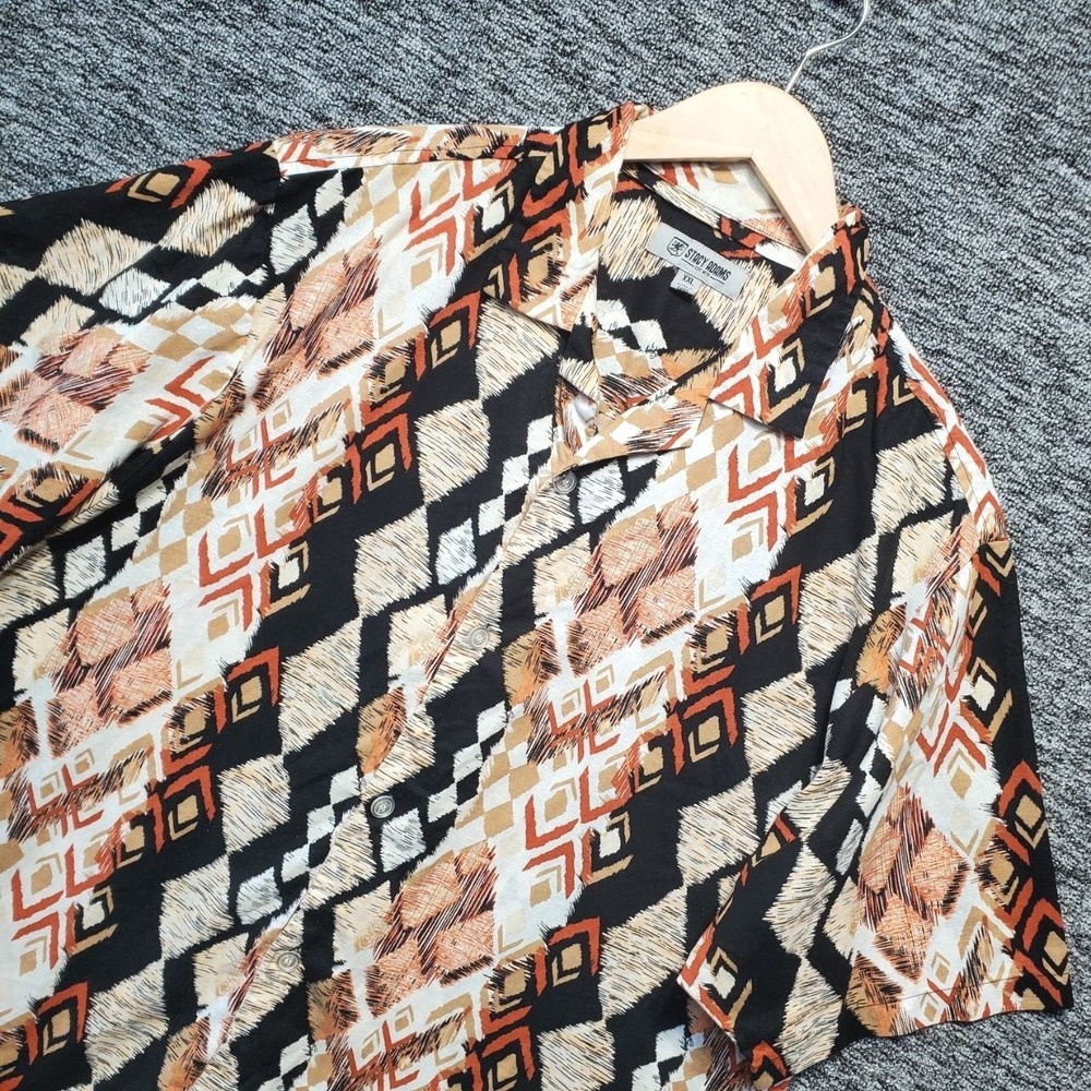 Stacy‎ Adams Camp Shirt Mens 2XL Peach Geometric Abstract Linen Blend Hawaiian